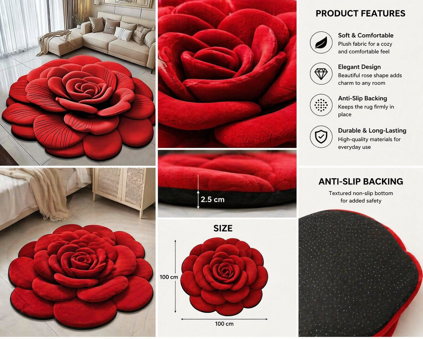 3D Modern Flower Design Anti-Dirt & Water Absorbent Carpet Non-Slip Rubber for Home & Hotel Living Room Digitally Printed (3.5ft by 3.5ft)